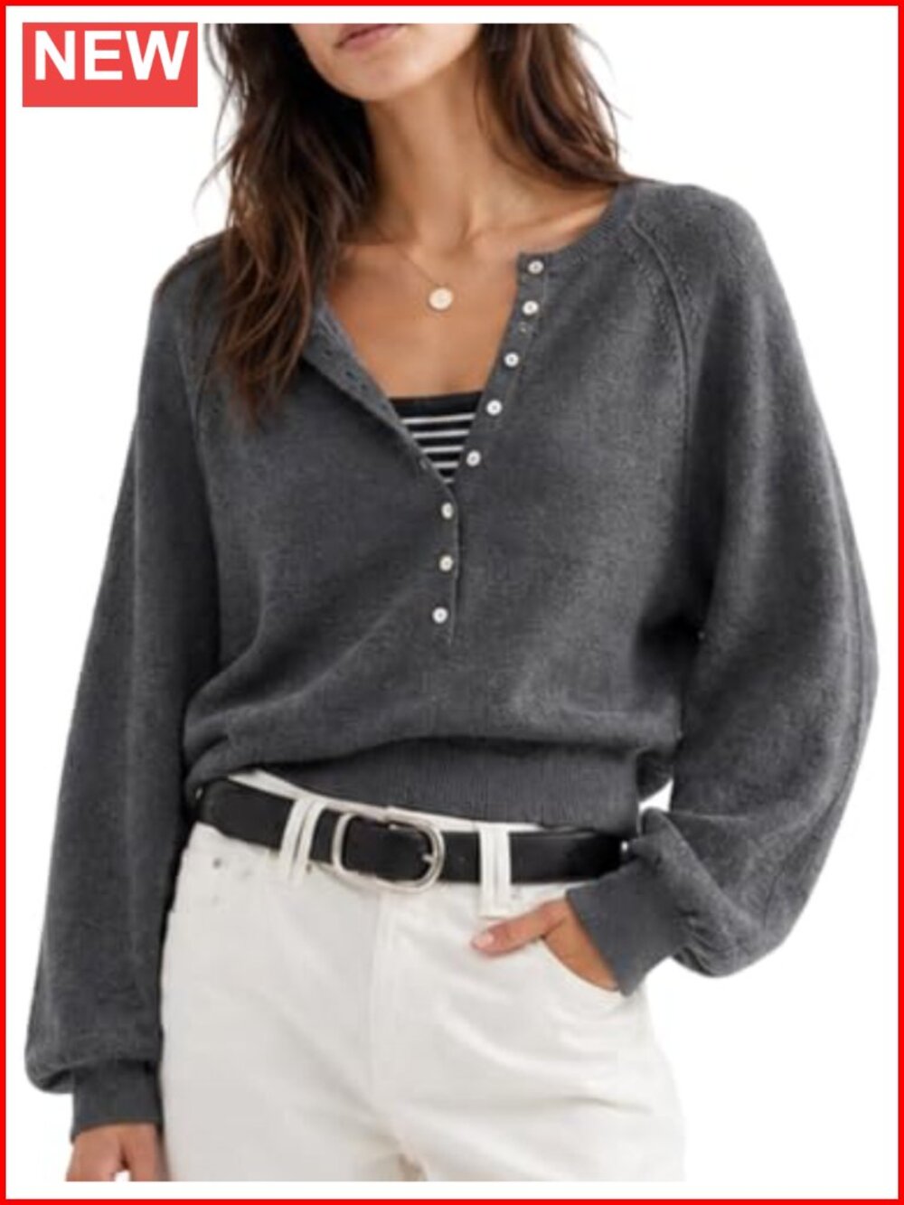Wool Henley Crop Sweater Button Long Sleeve Lightweight Pullover